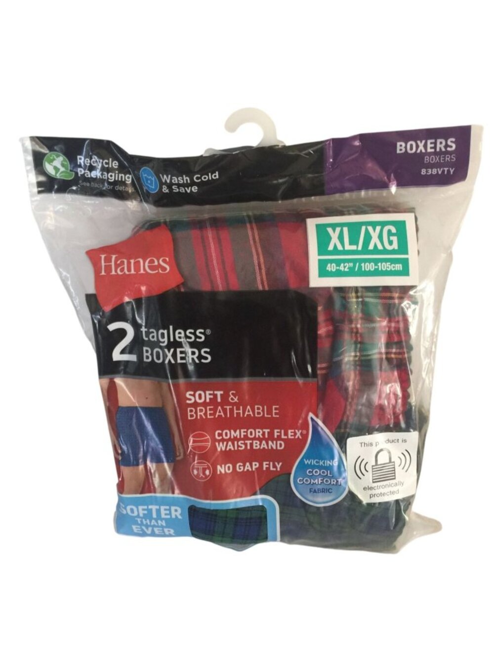 Hanes Men's Tagless Boxers XL 40-42" Red Green Blue Plaid 2 Pairs